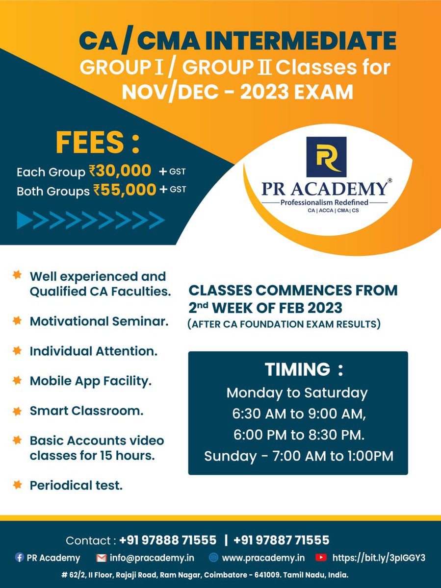 pracademycbe's tweet image. CA CMA Intermediate Group 1 &amp;amp; 2 Classes 

Classes commences from 2nd week of February. 

#CAClassesinCoimbatore #CAIntermediateClasses #CAInstituteinCoimbatore #CAAcademyinCoimbatore #BestCACoachinginCoimbatore #CMAClassesinCoimbatore #CMAInstituteinCoimbatore