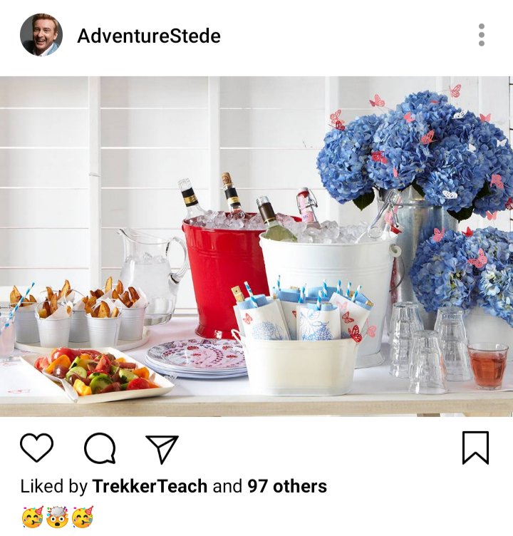 Stede's IG. Photo of table. Of hydrangeas and buckets of wine. 🥳🤯🥳