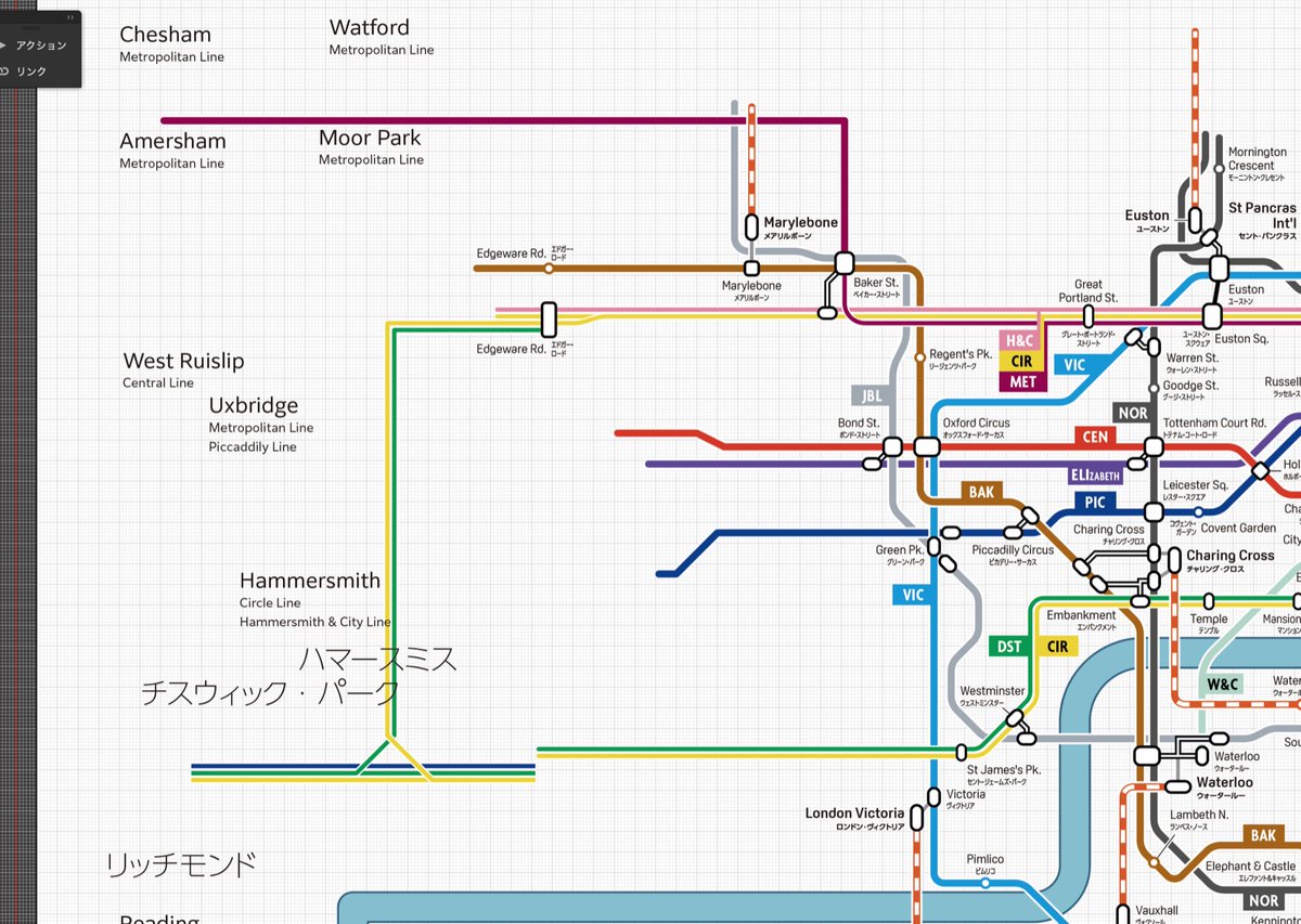 HimawariDsgnLab's tweet photo. ロンドン近郊の路線図を制作中（11日目）
市街地を更に詰めまくって紙面左側（西側）のスペースを捻出し��した。
I make the London urban railmap (Day 11)

#ヨンナナ路線図 #路線図 #ロンドン #railmap #routemap #London #underground https://t.co/M7KopBJRTm