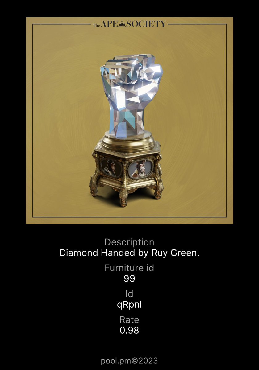 RyanCho10284380's tweet photo. I am super happy today for receiving Diamond Hands Trophy from @the_ape_society. I am holding tightly Ruy Green for almost a year &amp; forevermore. 

Let’s celebrate my happiness with you guys @IntrovertscNFT @LazyLlamasCNFT @TheBossDAO @kiraicnft @nftghostchain @TVKillsCNFT 💎🙌🏆 https://t.co/tizeAVJcpv