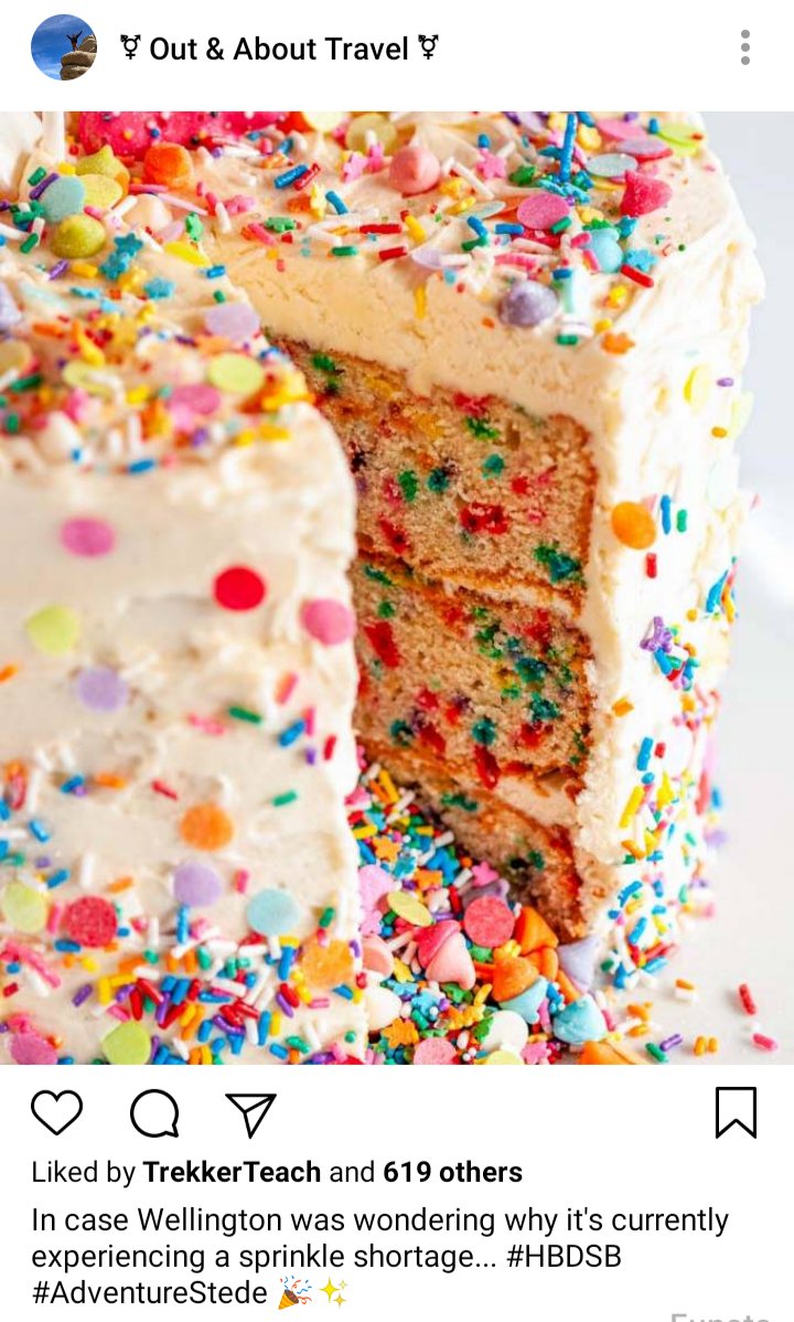 Olu and Jim's IG. Photo of confetti rainbow birthday cake. Caption reads "In case Wellington was wondering why it's currently experiencing a sprinkle shortage.... 