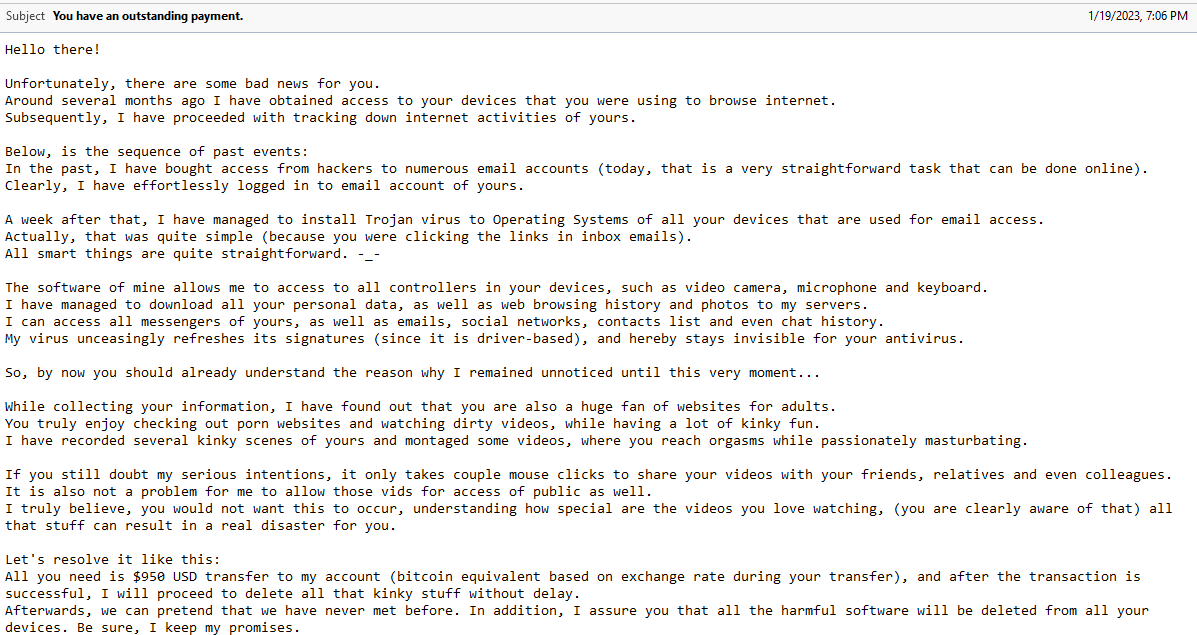 NovakPauly's tweet photo. 🚨#ScamAlert! Be aware of ongoing extortion mail campaign trying to lure victims to pay ~$1000 in BTC. Scammers have increased their activity in recent days again. https://t.co/phq4r4s5P8