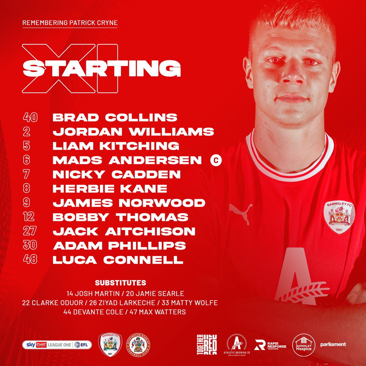 BarnsleyFC's tweet image. 📋 Today's lineup. 

🔄 Nors replaces Cole up top
🆕 Debut for Bobby Thomas at the back

Go well, Reds 👊