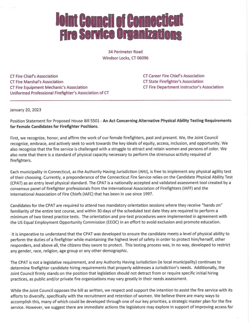CTCFPC's tweet image. Joint Council of CT Fire Service Organizations Position Statement on HB 5501 @IAFFofficial @upffa @IAFC 

#ctfireacademy #ctfire #cfa #firefighter #firetraining
#ctfirefighters #firefighterposts #firerescue #ctnow #ctlocal
#nationalfireacademy #NAFTD #iaff #upffa