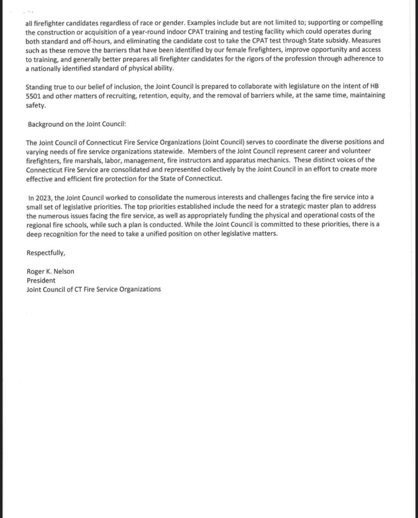 CTCFPC's tweet image. Joint Council of CT Fire Service Organizations Position Statement on HB 5501 @IAFFofficial @upffa @IAFC 

#ctfireacademy #ctfire #cfa #firefighter #firetraining
#ctfirefighters #firefighterposts #firerescue #ctnow #ctlocal
#nationalfireacademy #NAFTD #iaff #upffa