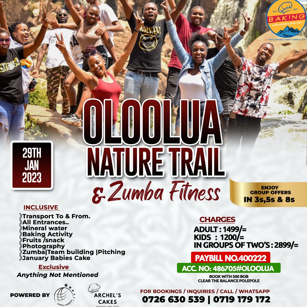 BakingKe's tweet photo. Wondering where to catch the breeze on a weekend? We have an  upcoming nature trail and zumba fitness on sunday 29 th  Jan 2023 charges @ 2300/=.

Join the whatsapp group 
https://t.co/xu1642XZW5

Contact: 0726 630539 

#Bakingadventure_ke #roadTrip #bakingsafarisandtours https://t.co/3upPjja4zA