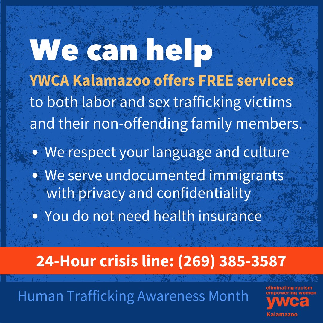 YWCAKalamazoo's tweet photo. YWCA Kalamazoo is the only service agency in Michigan that offers free, comprehensive services to victims of ALL forms of trafficking. #HTAM #HTAM2023 #humantrafficking #fairtrade #labortrafficking #trafficking #ywca #ywcakalamazoo https://t.co/9fSJUsyYPq