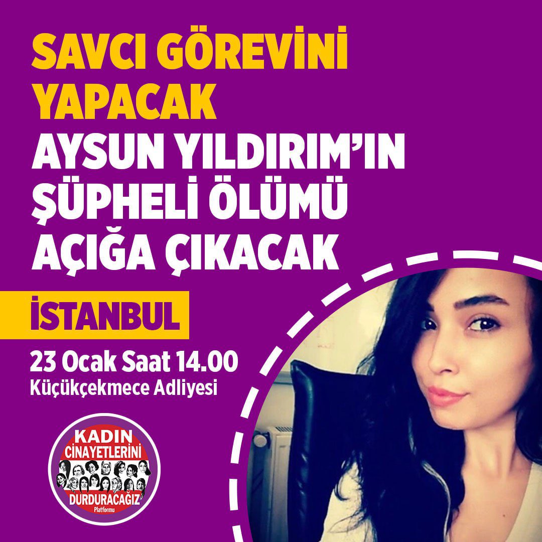 📌İstanbul Kadın Meclisimiz #AysunYıldırım dosyasına verilen “takipsizlik” kararına itiraz için 23 Ocak’ta Küçükçekmece Adliyesi’nde olacak.

Savcı görevini yapacak, Aysun Yıldırım’ın şüpheli ölümü açığa çıkacak!