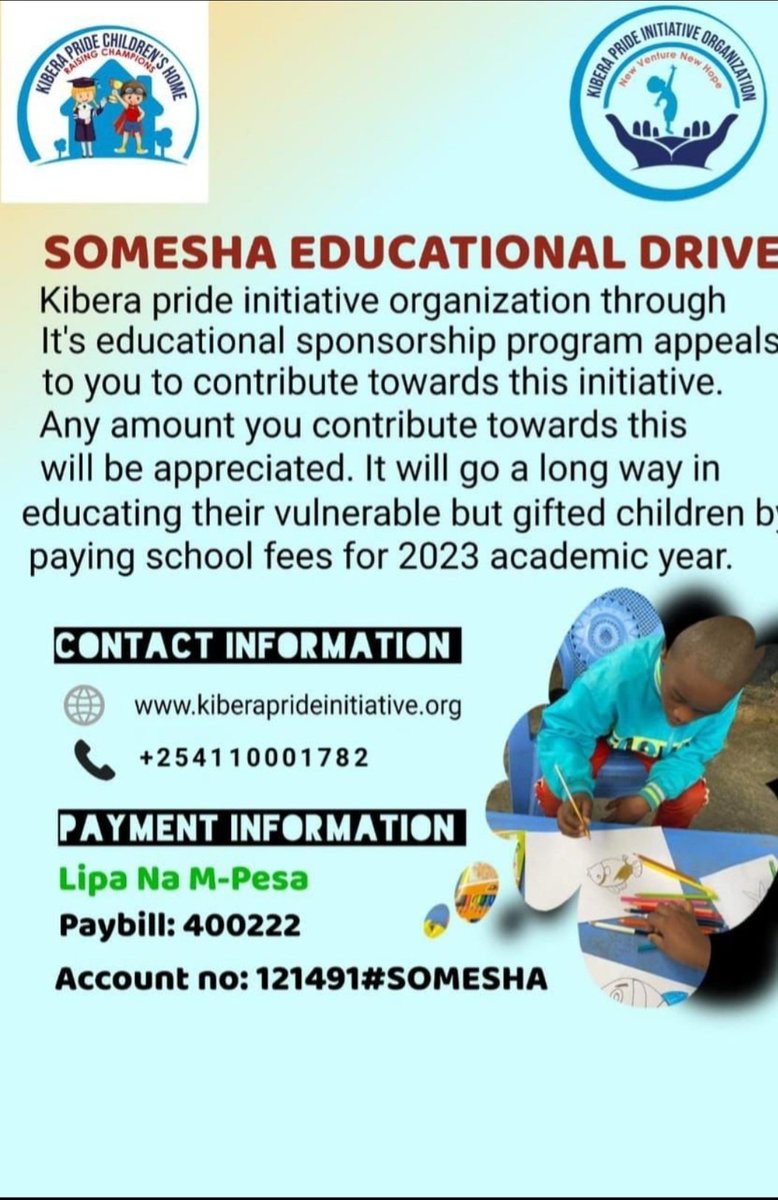 kiberapride's tweet photo. Happy New Year to all. We are pleased to keep informing you that it's not too late to contribute to our initiative with the intention of educating our gifted children🤗
#someshakibera #KCSEResults #Gifted https://t.co/kfY6K7lPN2