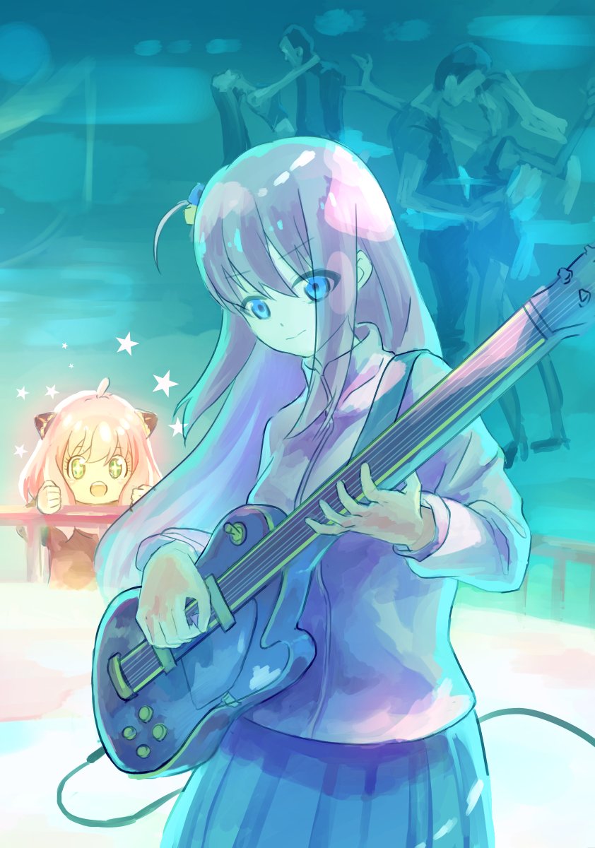 gotou hitori instrument pink hair guitar hair ornament holding instrument multiple girls electric guitar  illustration images