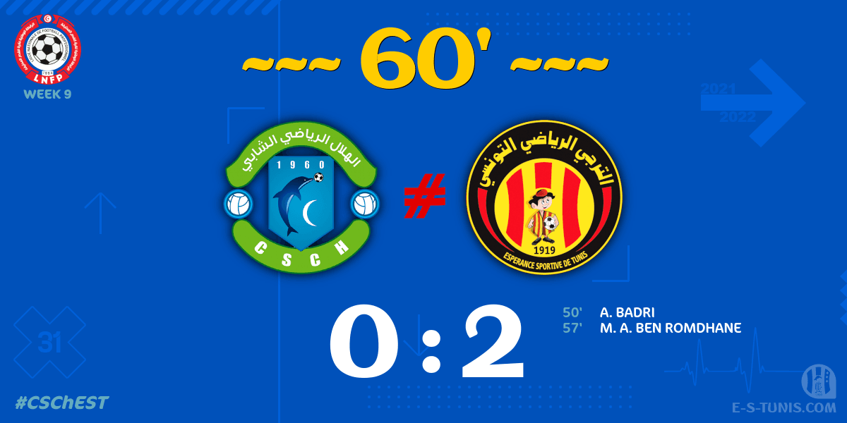 ESTuniscom's tweet photo. ⏱ 60' | #Ligue1Tn🇹🇳 Week 9 #CSChEST | #CSChebba 0⃣-2⃣ @ESTuniscom : Score reminder / تذكير بالنتيجة / Rappel du score https://t.co/8Ixq37pDRM