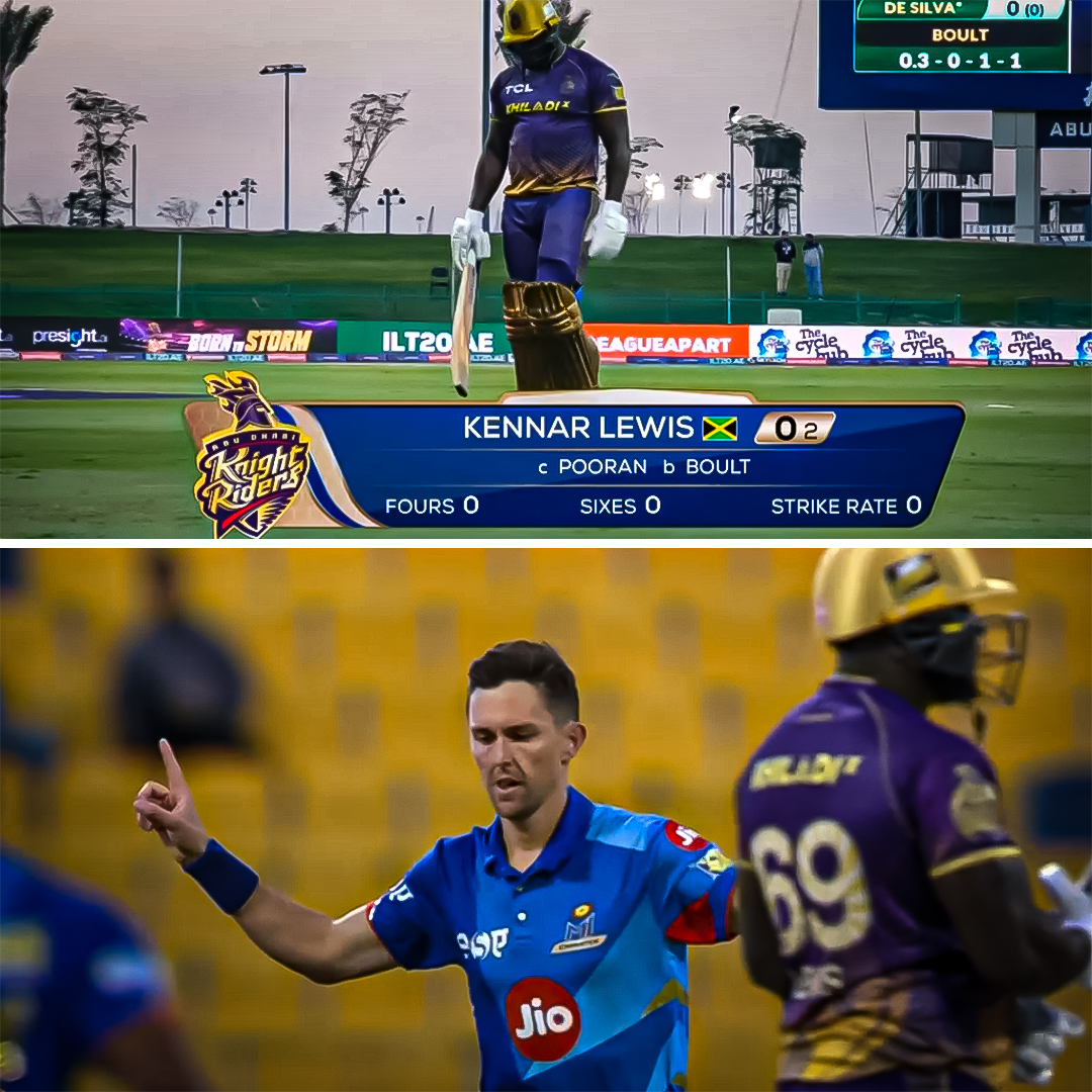 Cricketracker's tweet photo. Trent Boult strikes early for MI Emirates, Kennar Lewis' struggle continues in ILT20

📸: Zee 5

#CricTracker #DPILT20 https://t.co/D1V3n9k3Em