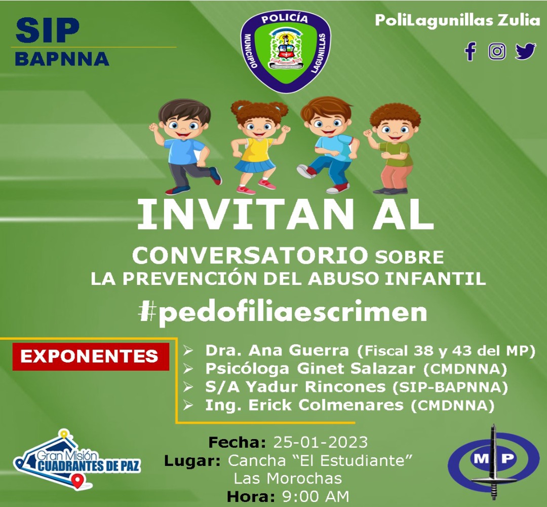 CARLOSMANLEAL's tweet photo. #21Ene | Invitamos a toda la ciudadanía a este gran conversatorio sobre cómo prevenir el aviso infantil.
Nuestros niños merecen vivir una vida feliz, lejos de cualquier tipo de abuso.
#PedofiliaEsCrimen
#CiudadOjeda 
#Lagunillas 
#GestionyCompromiso https://t.co/EODzyblC6g