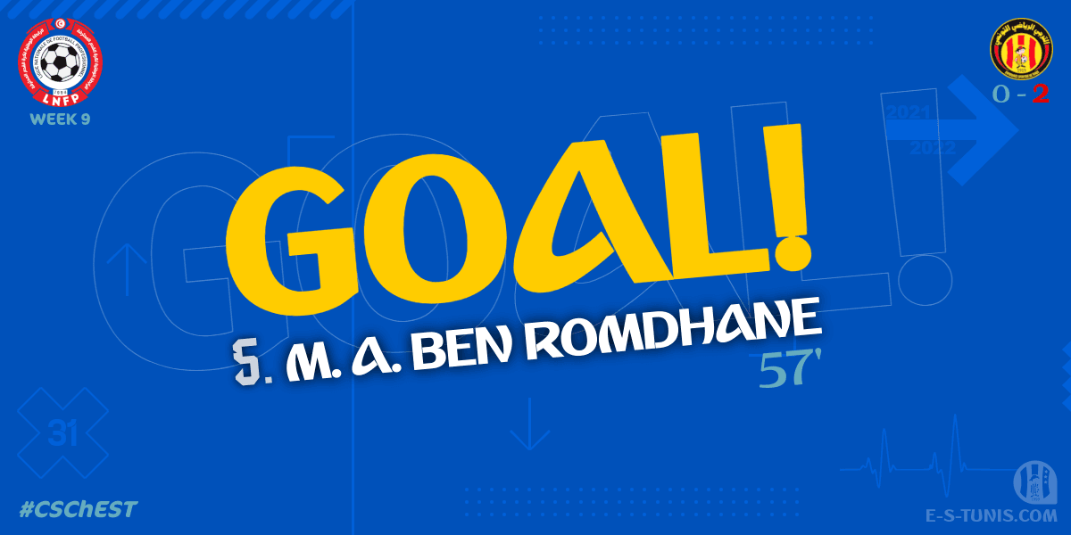 ESTuniscom's tweet photo. ⏱ 57' | #Ligue1Tn🇹🇳 Week 9 #CSChEST | #CSChebba 0⃣-2⃣ @ESTuniscom : ⚽️ M. A. Ben Romdhane (EST) scores! / هدف / But https://t.co/vmL0sPJxZt
