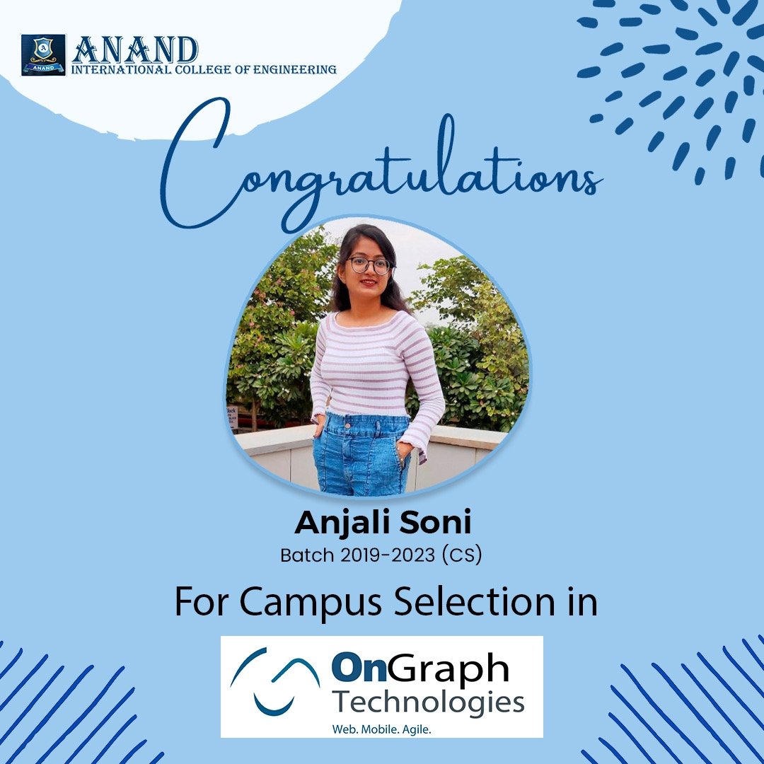 Our heartiest congratulations to Anjali Soni for Campus Selection during the OnGraph Technologies Placement Drive!

May your future endeavours be successful and prosperous. 

#AnandcollegeEng #Anandcollege #Anandice #PlacementDrive #Placement