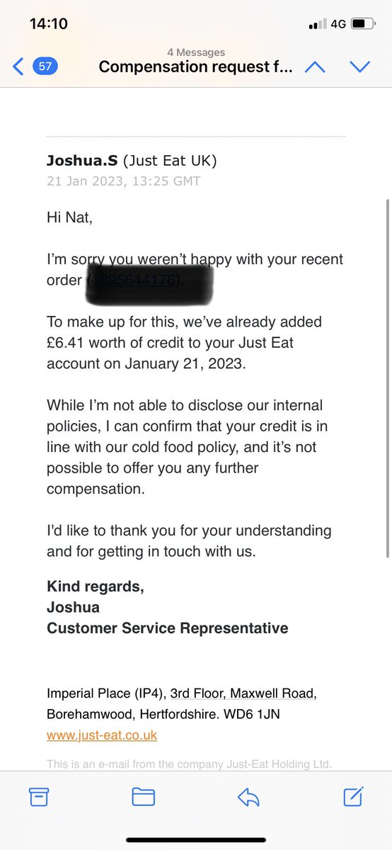 Did ‘Somebody say <a href="/JustEatUK/">Just Eat UK</a>’ I suggest you don’t! Used them last night to order food - food arrived cold! Restaurant #mrpings #southend wouldn’t help ! <a href="/JustEatUK/">Just Eat UK</a> offered a disgusting £6.41 credit to my account! 
#CustomerService 
Maybe internal policies need reviewing!