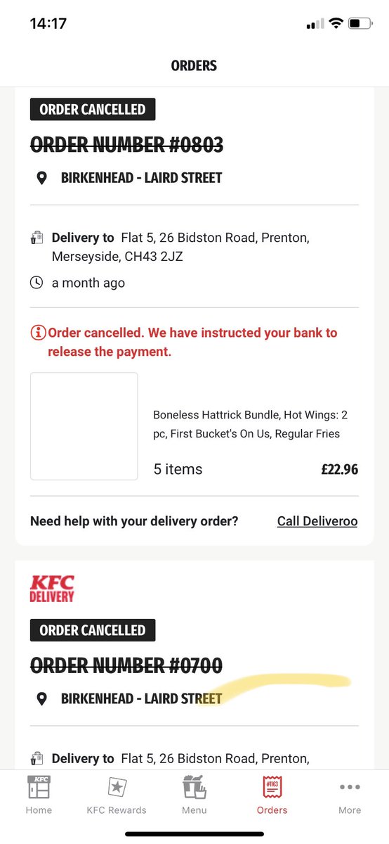 Posu71's tweet photo. @KFC_UKI you cancelled my order on me 3 times,and the last payment to a while to go back into my account!! I also didn’t get the offer of the free bucket, using delivery for the first time. What do you propose as a resolution??? https://t.co/KDrnzrSAoI
