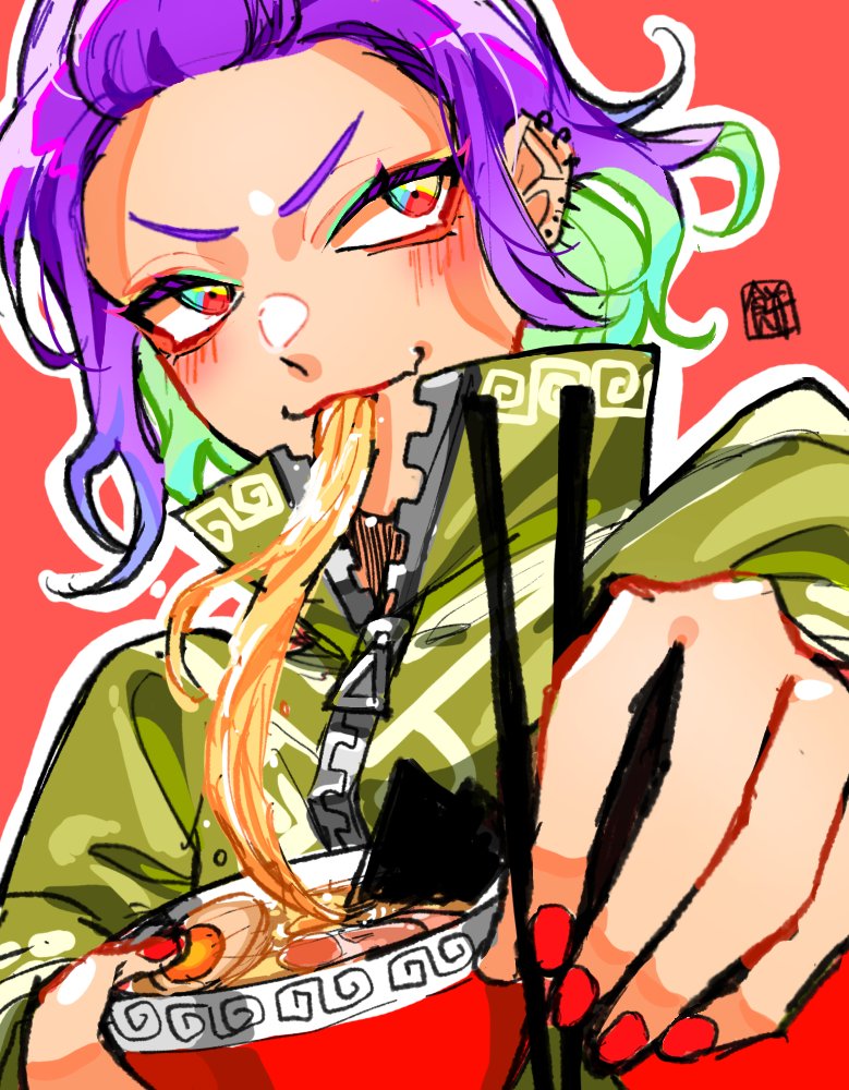 noodles food eating solo red background purple hair chopsticks  illustration images