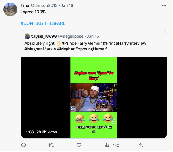 MomJeans44's tweet image. Your TL shows you're nothing but a vile trollbot who's furious that Meghan is thriving &amp;amp; KKKhate is tanking. This is you just a few days ago saying Meghan wrote Spare, and no one should buy it. And here's your trolling score, you pathetic hagfish. #BotBlock