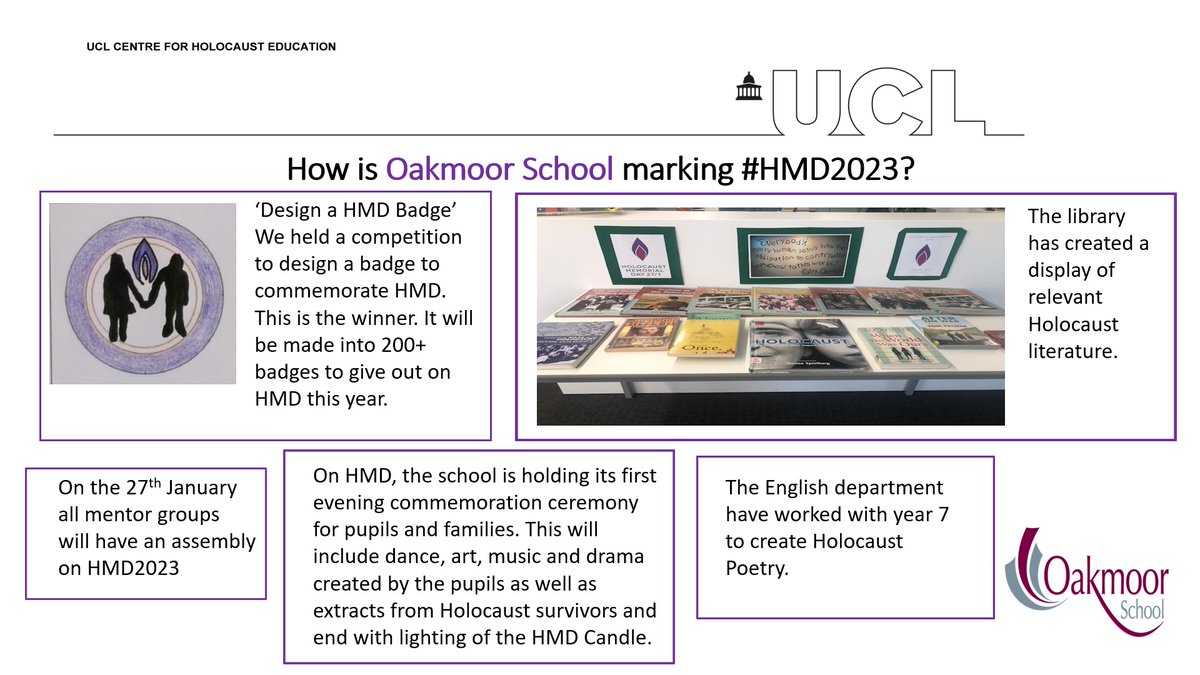 UCL_Holocaust's tweet photo. As we look forward to mark Holocaust Memorial Day we showcase how some of our #BeaconSchool2223 &amp; alumni plan to mark #HMD2023. 
We commend each for their commitment &amp; innovation &amp; hope their example inspires others.
Today, @OakmoorHums @sootymouse plans ⬇️
RT @AR_Pearce @HMD_UK https://t.co/x4viZuLkD2