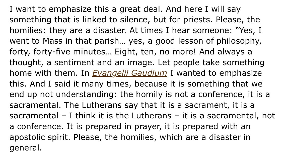 ctrlamb's tweet image. Pope Francis calls for better homilies which he says are often a “disaster” &amp;amp; should be no longer than 8-10 minutes.

Full text (vatican.va/content/france…)

His remarks echo the synod working document which said “the quality of homilies is almost unanimously reported as a problem”