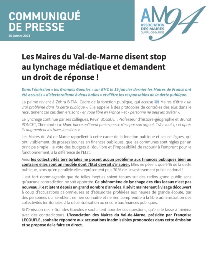 Suite aux propos inacceptables tenus dans <a href="/GG_RMC/">Les Grandes Gueules</a> par <a href="/ZohraBitan/">Zohra Rose Bitan 🌹🎗️SoutienFD0🦩</a> <a href="/kevinbossuet/">Kevin Bossuet</a> <a href="/poncet_bruno/">Bruno Poncet</a> contre les Maires,  <a href="/Assomaires94/">Assomaires94</a> demande un droit de réponse. NON les Maires ne sont un problème pr la dette publique au contraire! #STOP au lynchage des élus locaux ! <a href="/l_amf/">AMF | Association des maires de France</a> <a href="/AMIF_asso/">AMIF</a>