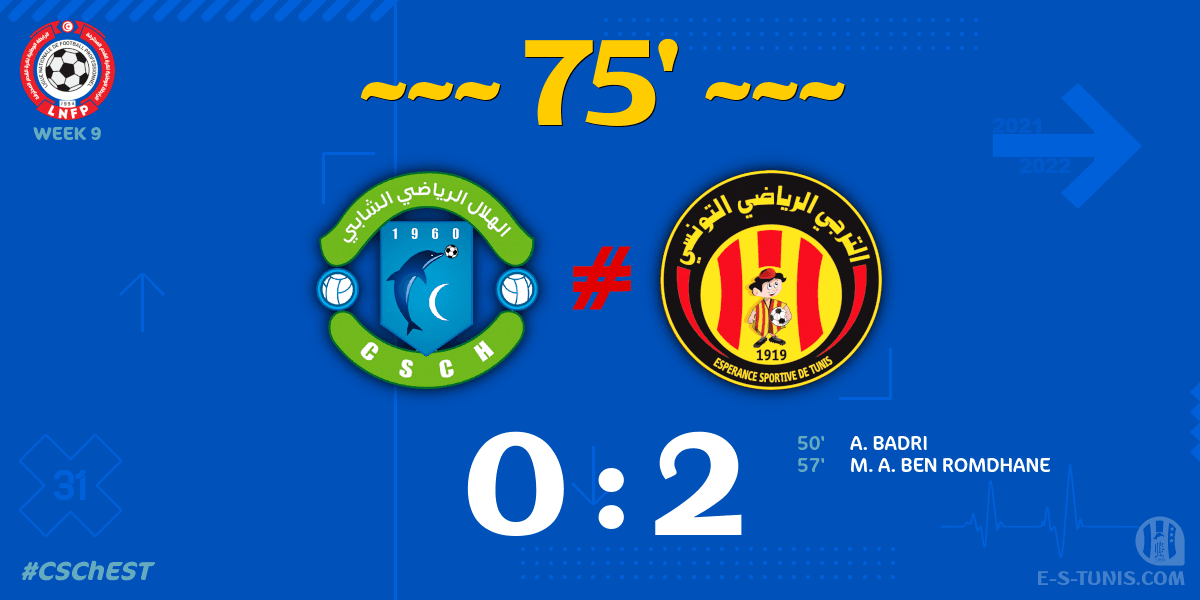 ESTuniscom's tweet photo. ⏱ 75' | #Ligue1Tn🇹🇳 Week 9 #CSChEST | #CSChebba 0⃣-2⃣ @ESTuniscom : Score reminder / تذكير بالنتيجة / Rappel du score https://t.co/tCLHI3ms0g