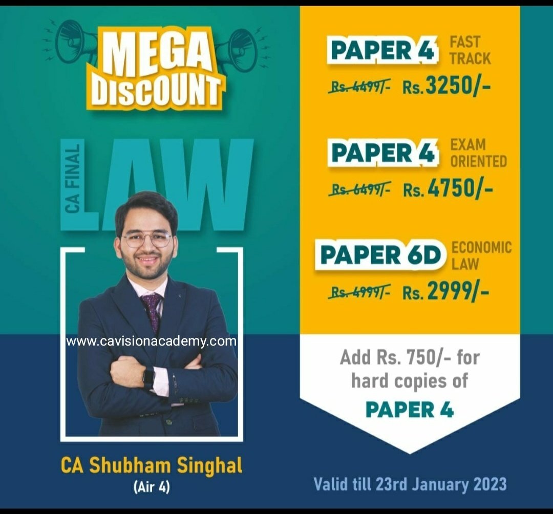 cavisionacademy's tweet image. #cafinal #Lawcourse #CAShubhamSinghal #Rankersway #Air4 #bestcafinalofferdiscount #lowestprice 

ENROLL NOW GET FREE FAST DELIVERY 👇
🌐 CAVISIONACADEMY.COM

ANY QUERIES CONTACT
📱8446 9421 08