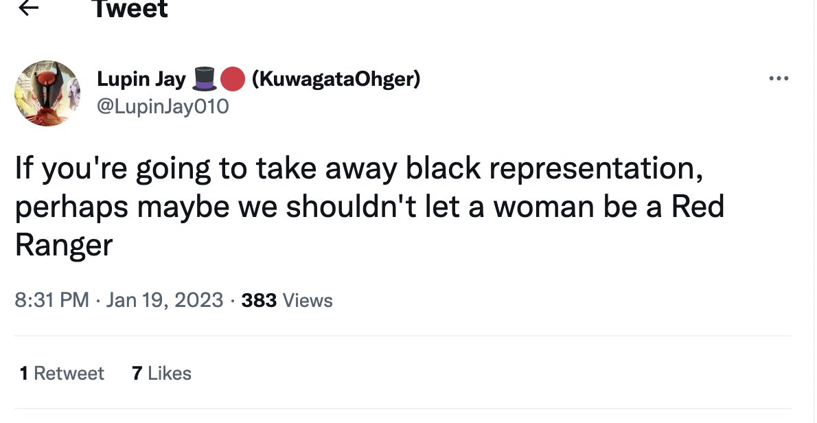 StardazerTheOne's tweet photo. @Pookina1 @HunterDeno_ @Gaisoulg I don't think we could support a female Red Ranger if your gonna oppress black Red Rangers and black fans #NotMyRedRanger https://t.co/OKWVpbCtKe