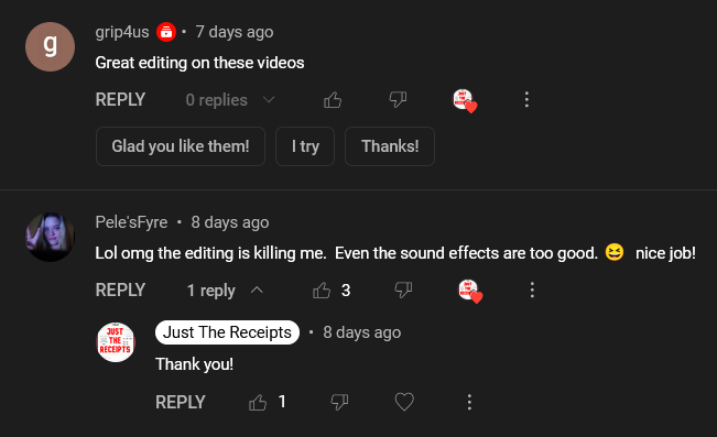 JustTheReceipts's tweet photo. @TeamYouTube @YouTube say my videos are low effort, repetitious and reused content, however my viewers take the time to comment on my excellent editing skills.  Meanwhile, they're taking 100% of ad revenue from MY content and keep saying they're "working on it". @YouTubeCreators https://t.co/JMxYtJIbJl
