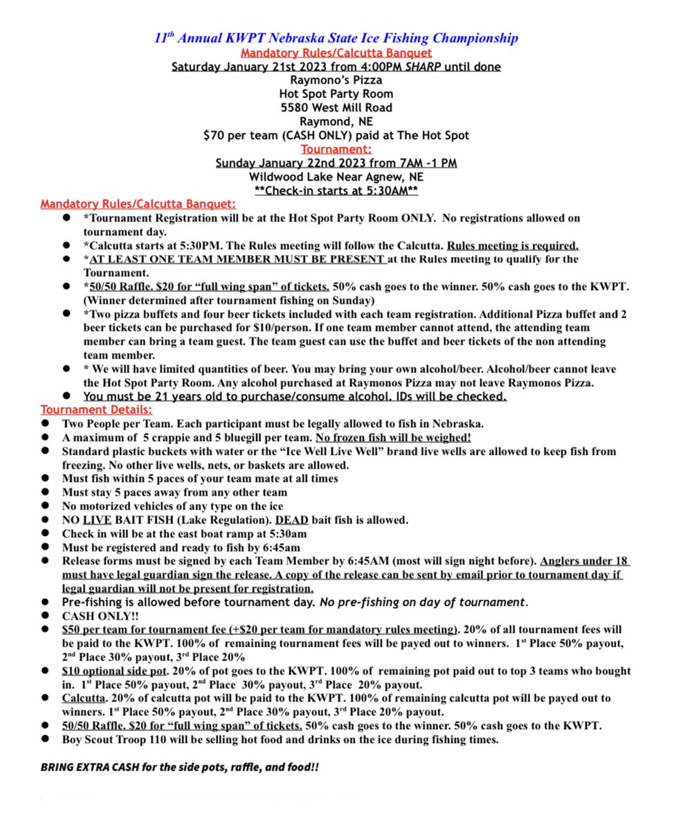 NEFishandGame's tweet photo. Attention all ice anglers! Don't forget, today is the rules meeting for the KWPT Nebraska State Ice Fishing Championship. See you there! #IceFishing #Nebraska #KWPT #tournament #Wildwood https://t.co/iThrTrCH0M