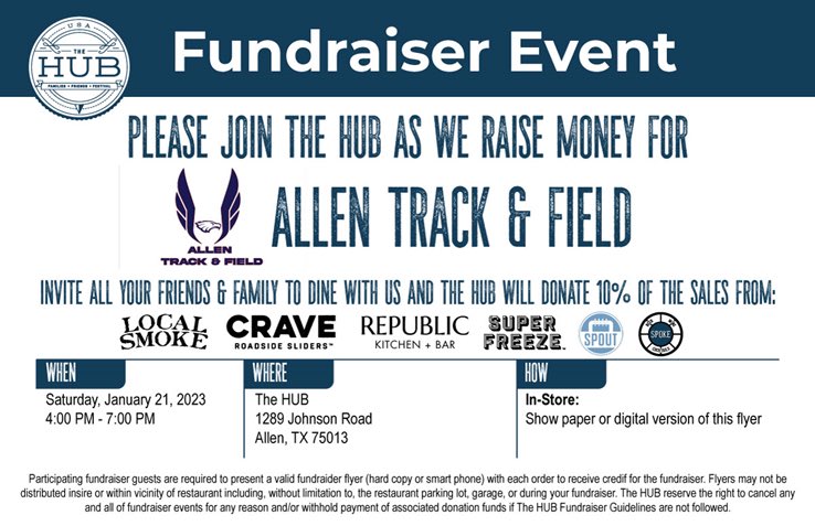 Come out and support your track team today at The HUB! #kickoffparty #fundraiser #everyoneiswelcome #savetheflyer @AllenTrack