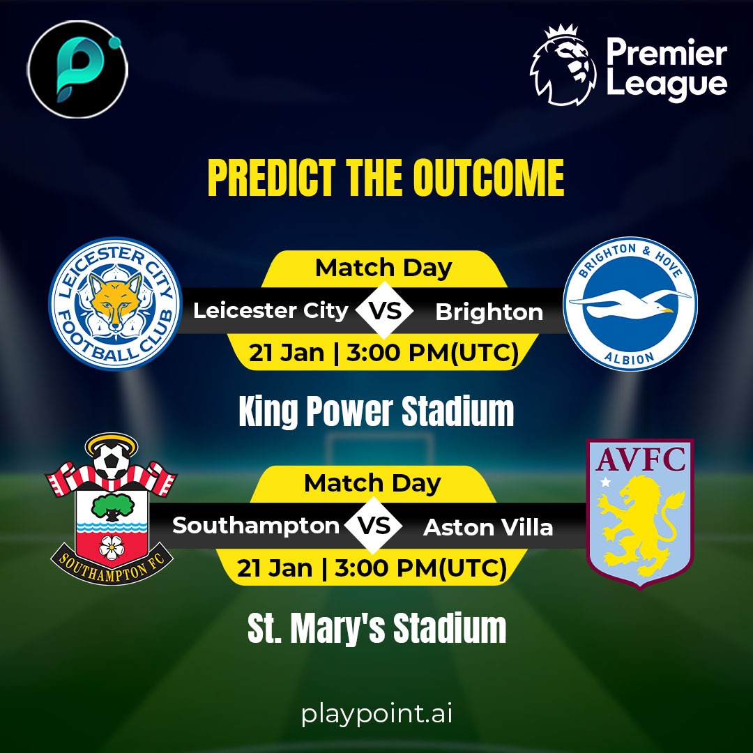 Who will be kicking off today's match? 🍿 

#LeicesterCity 🆚 #Brighton
#Southampton 🆚 #AstonVilla

Login playpoint.ai &amp; answer the questionnaires.

#Arbitrum #Playpoint #PlayToEarn #blockchain #BTC    #Binance    #PremierLeague