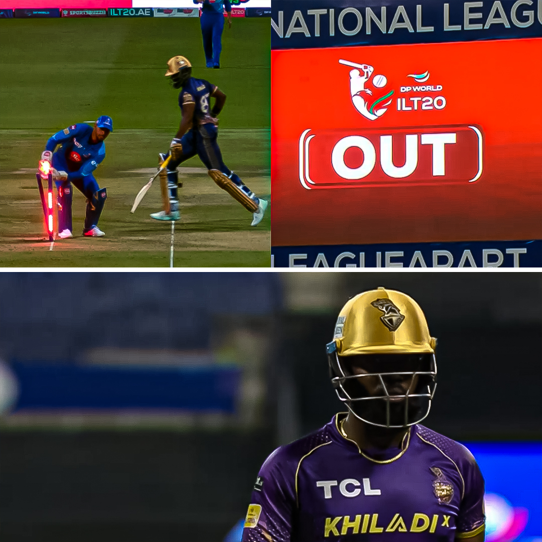 Cricketracker's tweet photo. An unlucky way to get out for Raymon Reifer.
The top three of the Abu Dhabi Knight Riders are back in the pavilion

📸: Zee 5

#CricTracker #DPILT20 https://t.co/Z8qZqzd3us