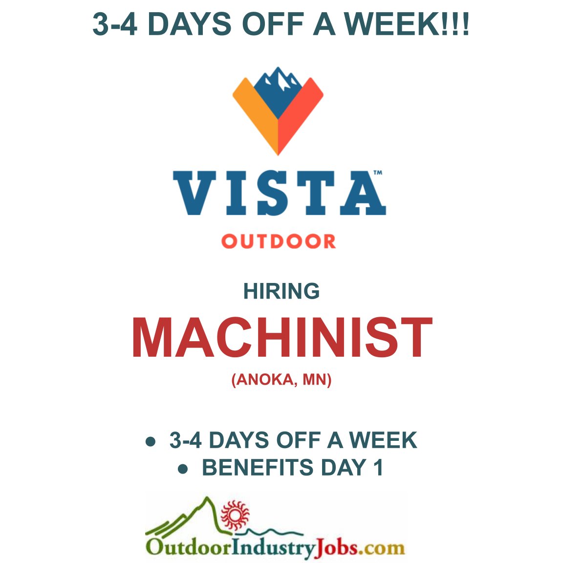 Apply Here: outdoorindustryjobs.com/JobDetail/GetJ…

#outdoorindustryjobs #machinist #machinistlife #machinistlifestyle #anoka #anokamn #minnesotajobs #hiring #hiringnow
@VistaOutdoorInc