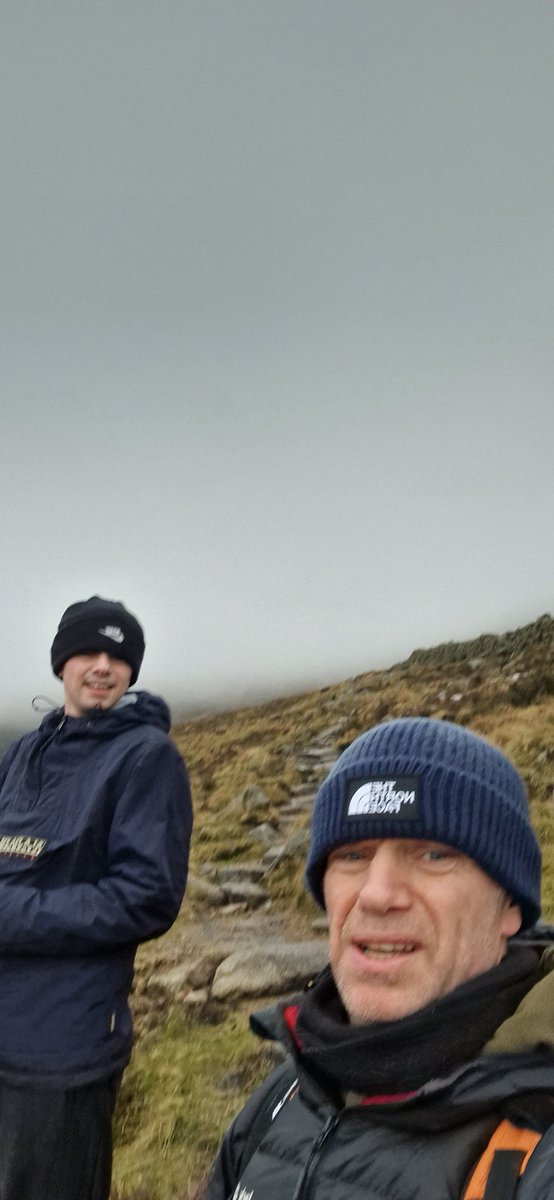 Soft day in the #Mournes today. Zero visibility on Binnian. Rain, wind, ice, snow ... but still great to get out and get the head showered with junior.... and I only fell once. #MindYourHead