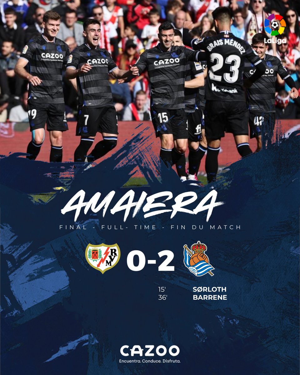 RealSociedad's tweet photo. 🔚 FINAAAAALLLLL!!! Nueve victorias seguidas. AUPA REAL!!!

#RayoRealSociedad | #AurreraReala https://t.co/sGXZ7AAVzi