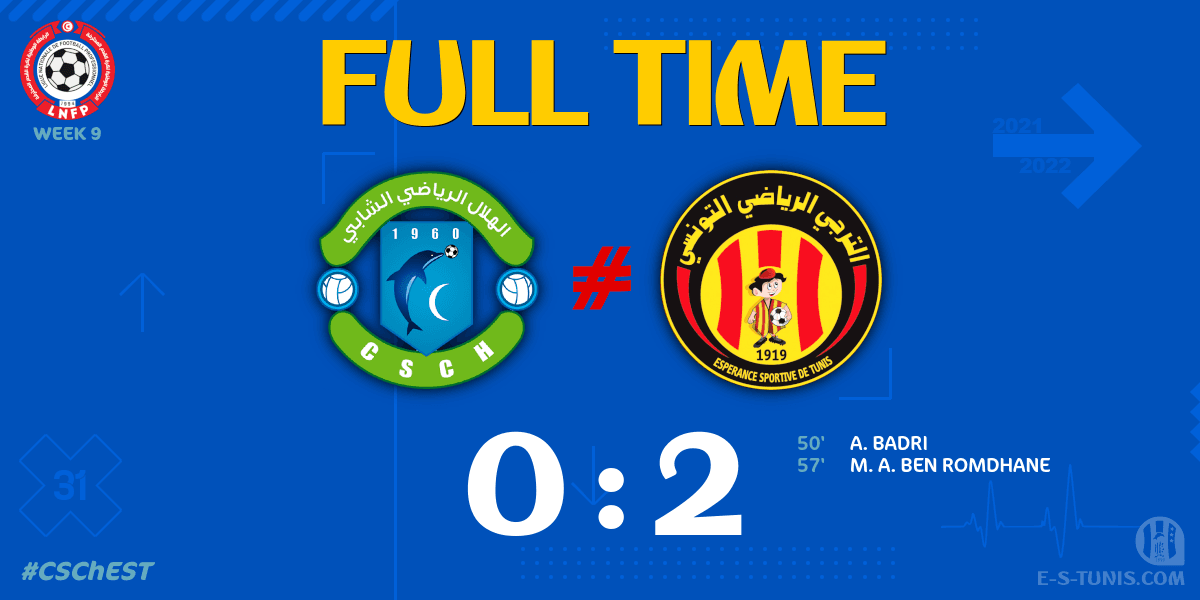 ESTuniscom's tweet photo. ⏱ FT | #Ligue1Tn🇹🇳 Week 9 #CSChEST | #CSChebba 0⃣-2⃣ @ESTuniscom : End of the match / نهاية المباراة / Fin du match https://t.co/qpw9KYP3e1