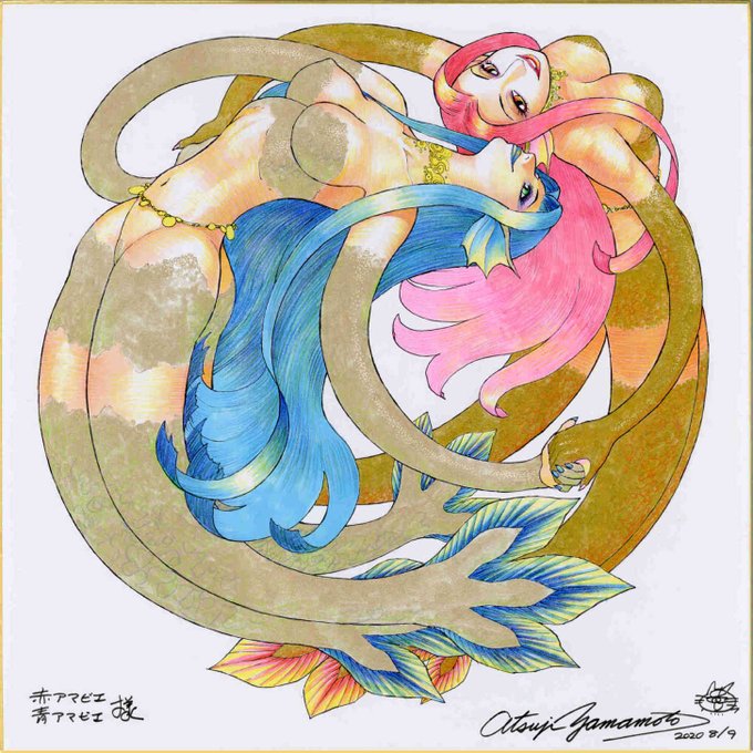 再掲『アマビエ様二体』大判色紙(40×40cm)2020年 