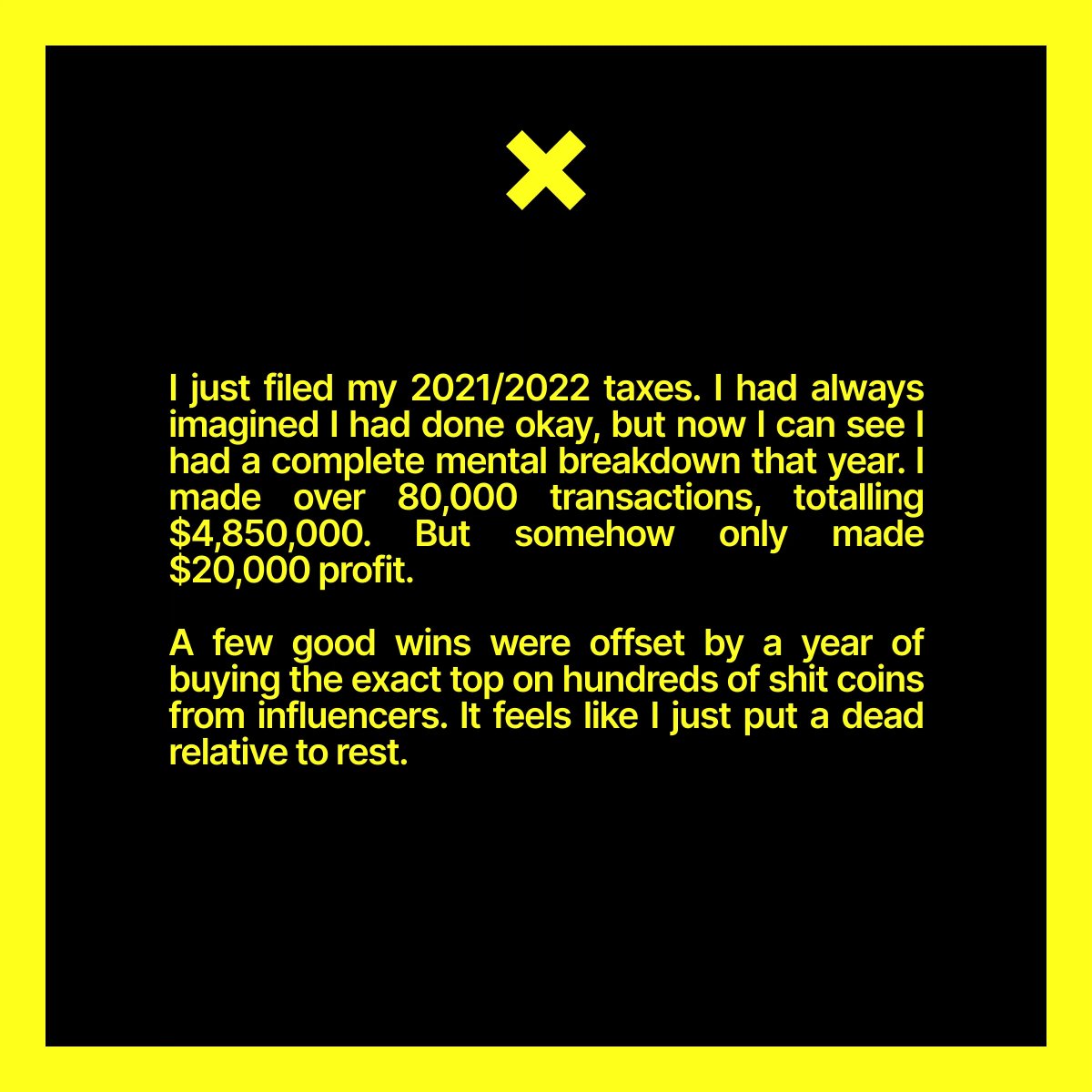 coinfessions's tweet photo. I made over 80,000 transactions, totalling $4,850,000, but somehow only made $20,000 profit. https://t.co/4isrEpanx1