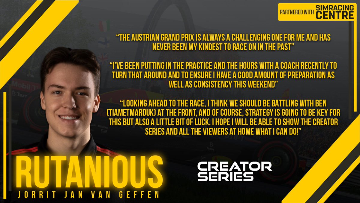 CreatorSeriesGG's tweet photo. Ahead of the Austrian Grand Prix, we asked @Rutanious what to expect from this weekend's Round 3 of the Creator Series!
Join us for the Red Bull Ring tonight at 6pm GMT! ๐ฆ๐น
https://t.co/34tmHOfk0V
โข
@CentreSimracing
โข
#CreatorSeries #SimRacingcentre #F122 #F1 https://t.co/k90xBY1tKP