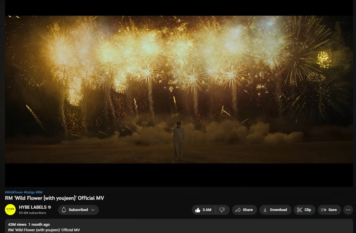 rmchartsdata's tweet photo. #RM 'Wild Flower (with youjeen)' Official MV has surpassed 43M views on YouTube https://t.co/g48pW2TnaA