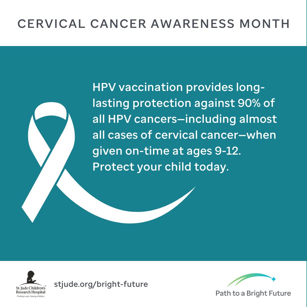 StJudeResearch's tweet image. Cervical Cancer Awareness Month is a time to reflect on the importance of #HPVvaccination for cancer prevention. #HPVvax is safe and effective and can prevent almost all cervical cancer cases when given on-time at ages 9-12. stjude.org/bright-future #EndHPVCancers