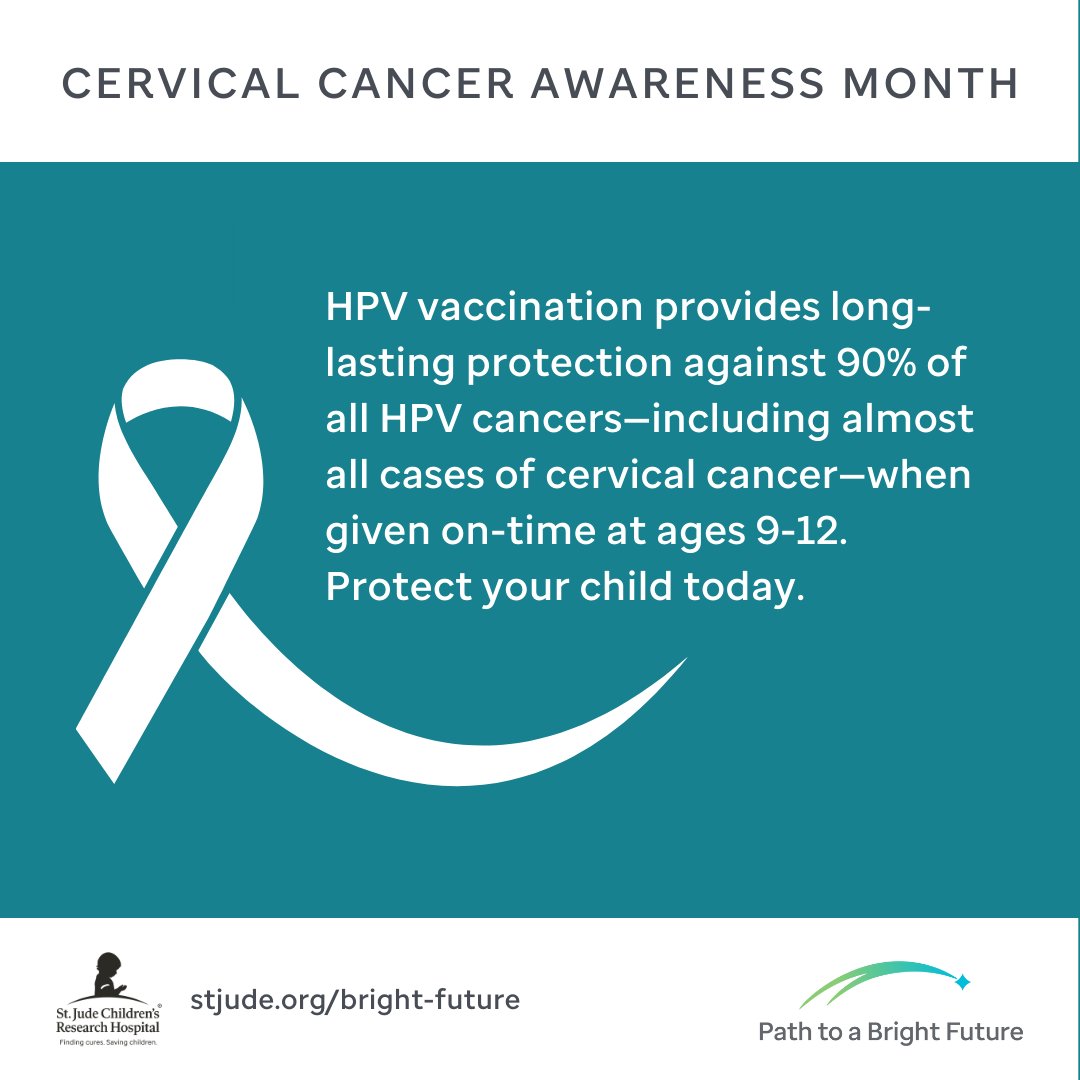Cervical Cancer Awareness Month is a time to reflect on the importance of #HPVvaccination for cancer prevention. #HPVvax is safe and effective and can prevent almost all cervical cancer cases when given on-time at ages 9-12. stjude.org/bright-future #EndHPVCancers