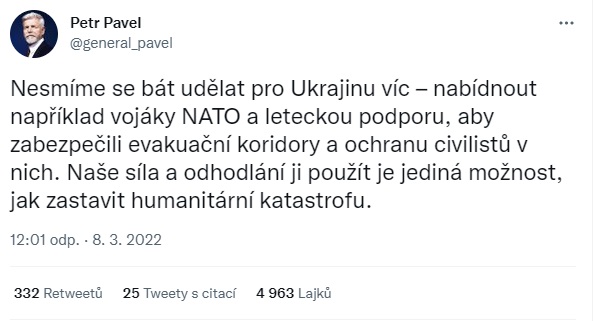 LukasLhotan's tweet photo. Ještě v březnu 2022 chtěl generál Pavel poslat armády NATO na Ukrajinu proti Rusku. Takže kdo zde lže??!!! Teď potřebuje vyhrát volby prezidenta, tak vám generál Pavel nalže cokoliv a po volbách hr na Rusa ... 
Zdroj: https://t.co/CIt0EU1mdh https://t.co/CDxg8ATlf9