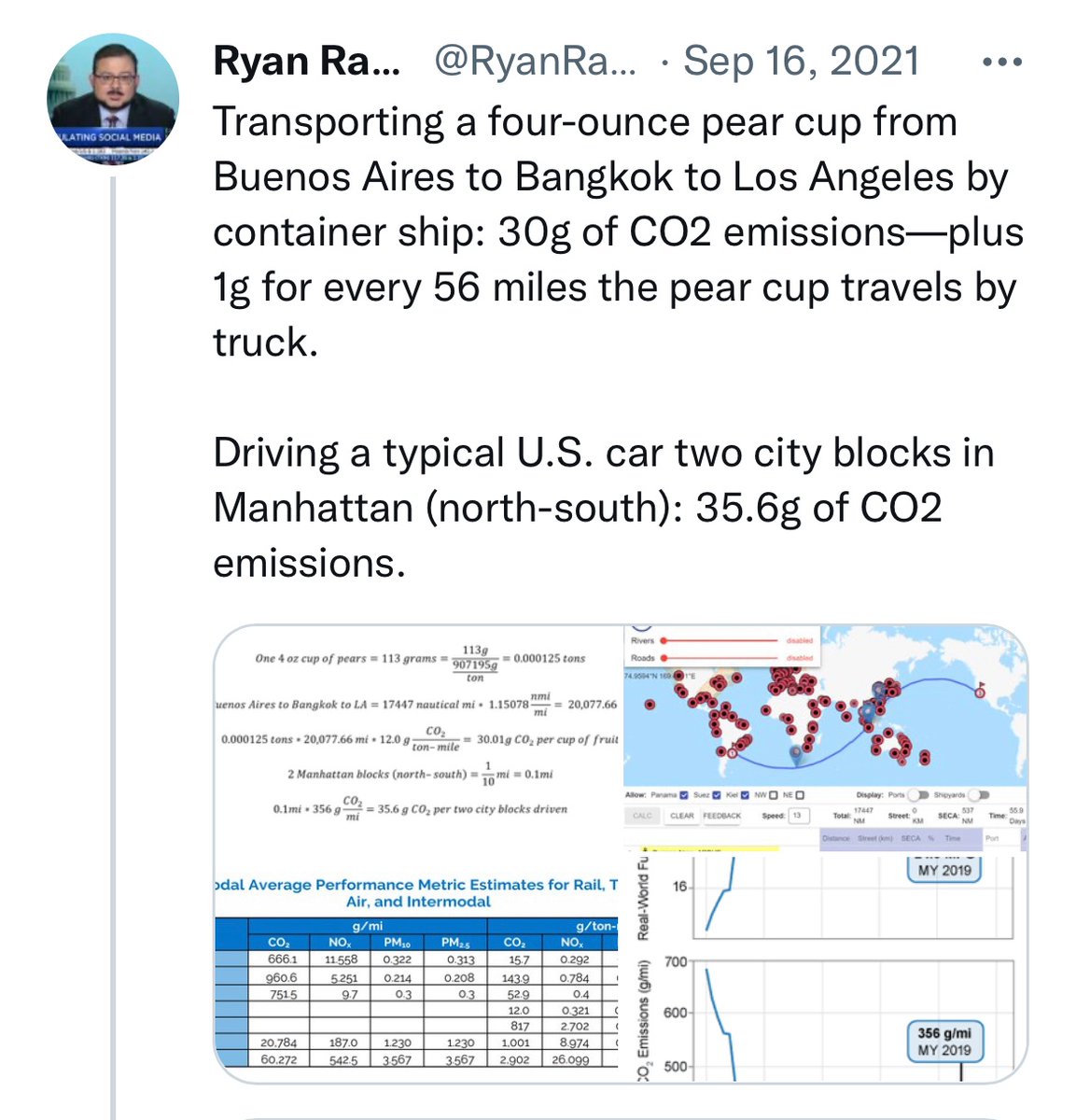 this post goes viral every couple months but what most people don’t realize is that driving to the supermarket creates far more emissions than shipping the pears maritime container shipping is really efficient! personal automobiles are not