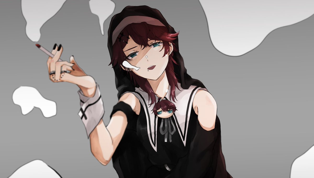 1girl black nails cigarette ear piercing grey background habit holding  illustration images