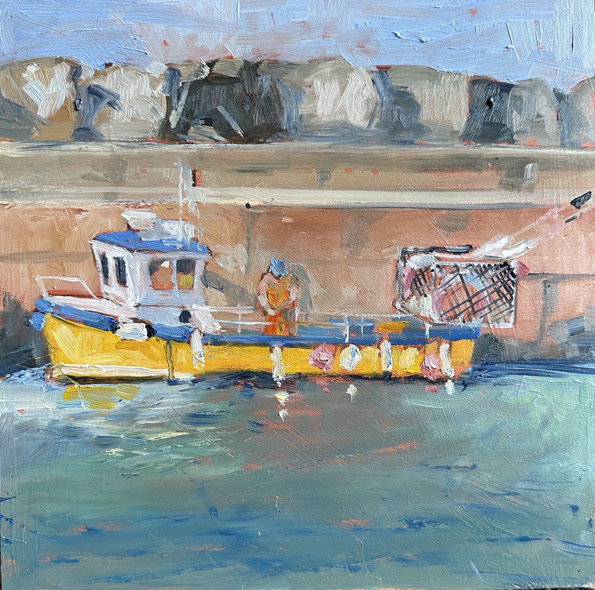#WIP The Yellow Boat #Staithes #Harbour #lastcatchoftheday #fishing #boat #oils 10x10” #woodtray