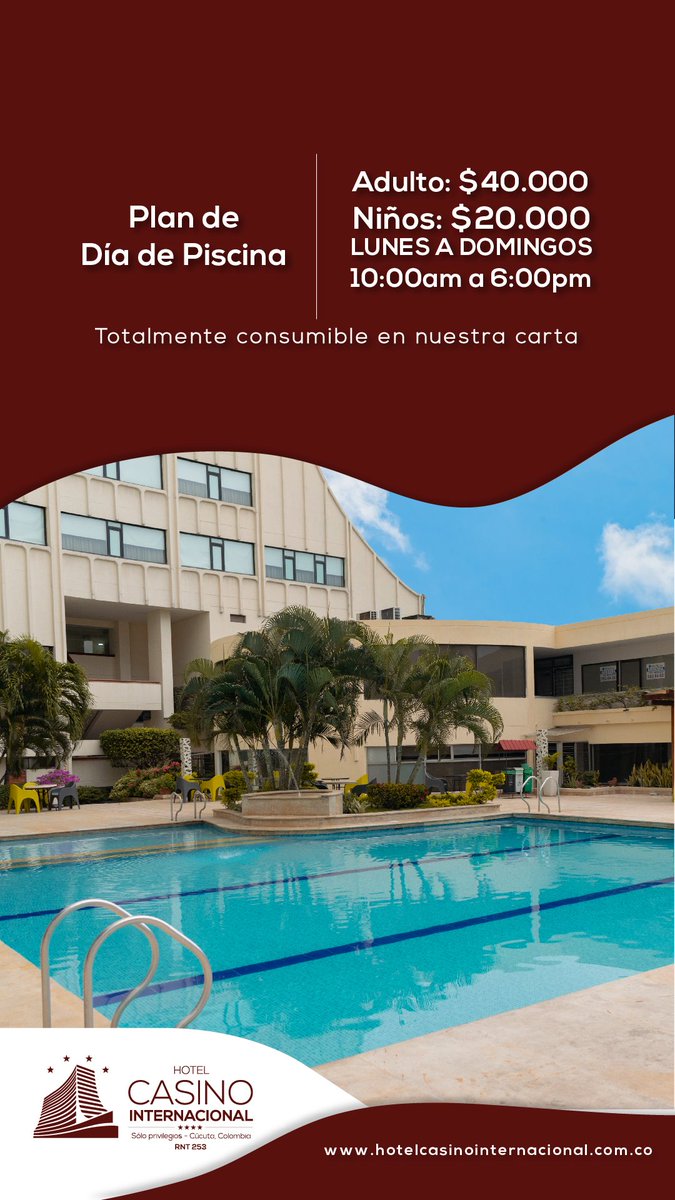 Este fin de semana visita el Hotel Casino Internacional para compartir un día de piscina consumible en la carta. Vive una experiencia de solo privilegios.
.
.
#hotelcasinointernacional #diadepiscina #findesemana #hotel #habitacion #experiencia #nortedesantander #Cúcuta #Colombia