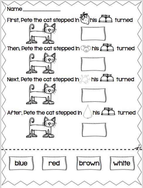 This Pete, the Cat; I Love my White Shoes activity is great for learning about colours as well as cause-and-effect. Children are reading the sentences and inferring what colour the shoes will turn based on what he stepped in. <a href="/PJLanguageArts/">PJ Language Arts Methodology UWindsor</a>